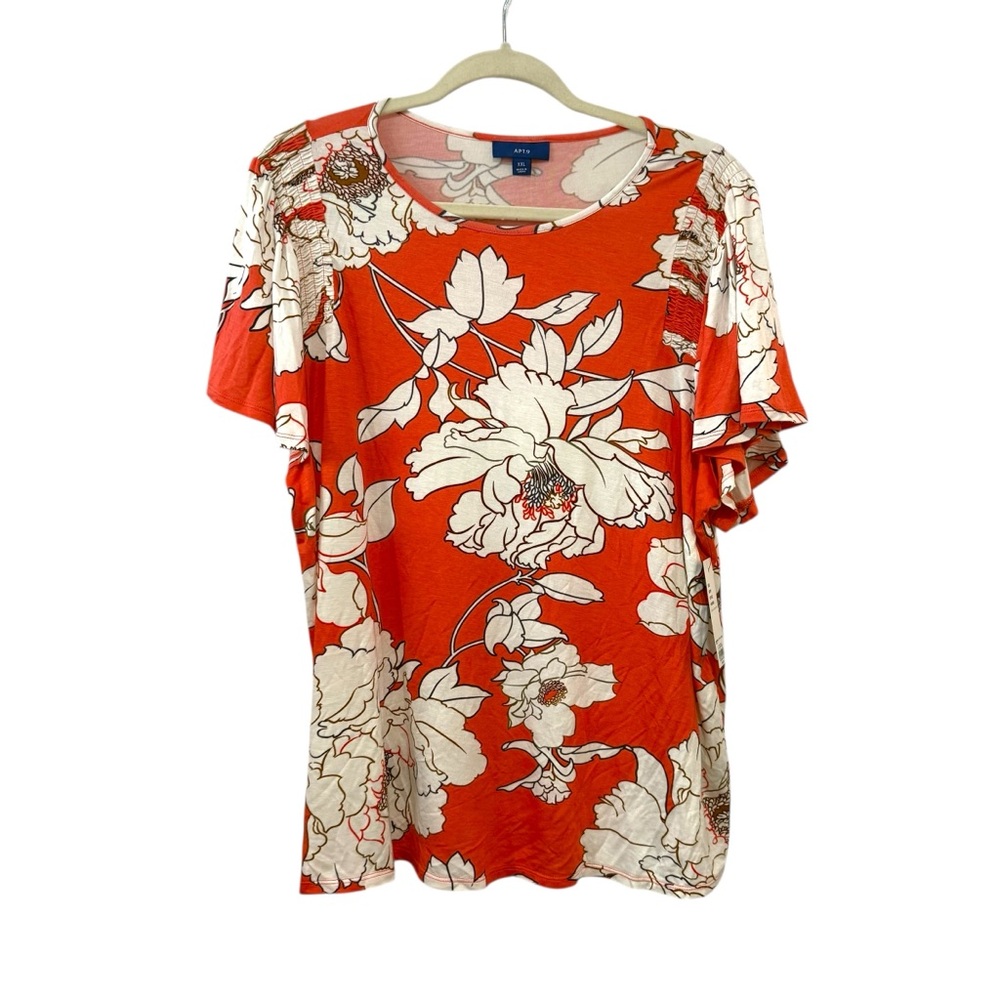 NWT Apt 9 XXL Orange White Floral Smocked Sleeve Tee Stretch Top